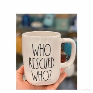 NEW Rae Dunn Who Rescued Who? Coffee Mug Ceramic White